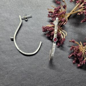 Sterling silver half-hoop with garnet accent earrings
